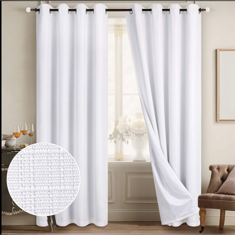 Blackout White Curtains Linen Curtains for Bedroom Grommet Thermal 52Wx84L